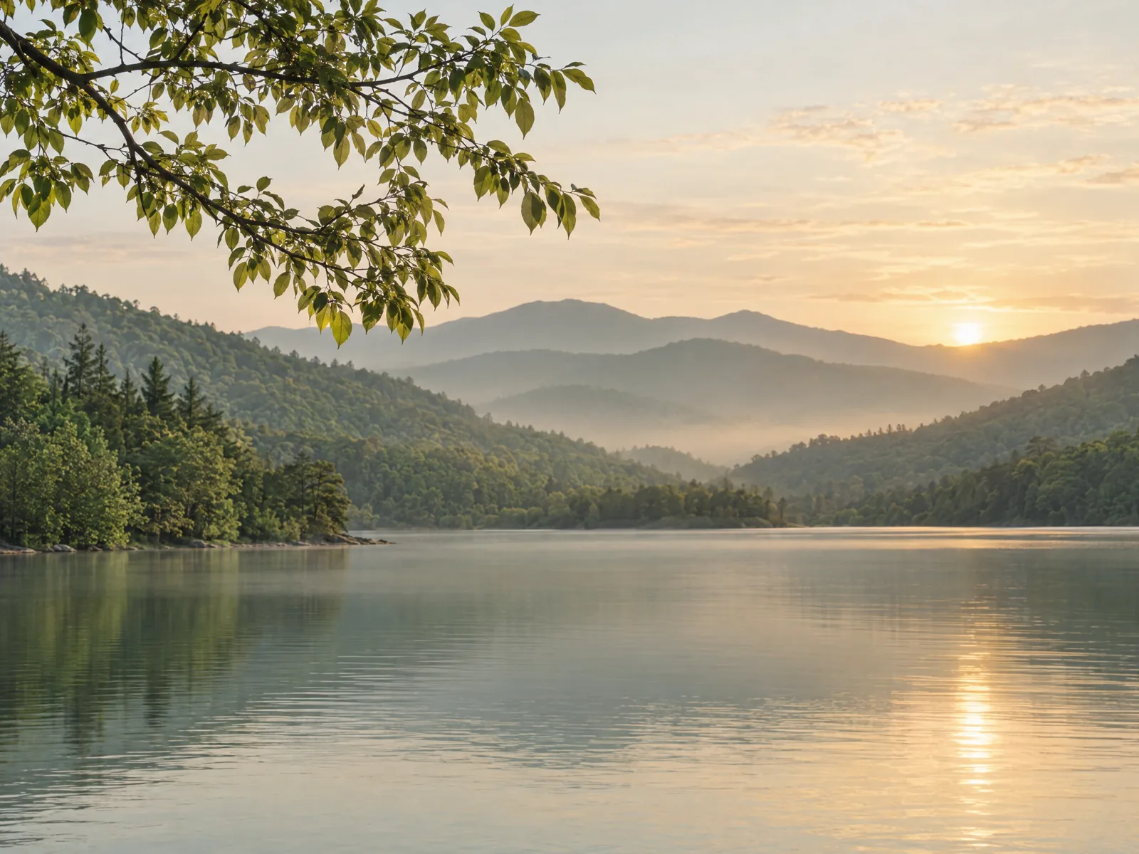 Illustrative calm lake surrounded by soft green hills